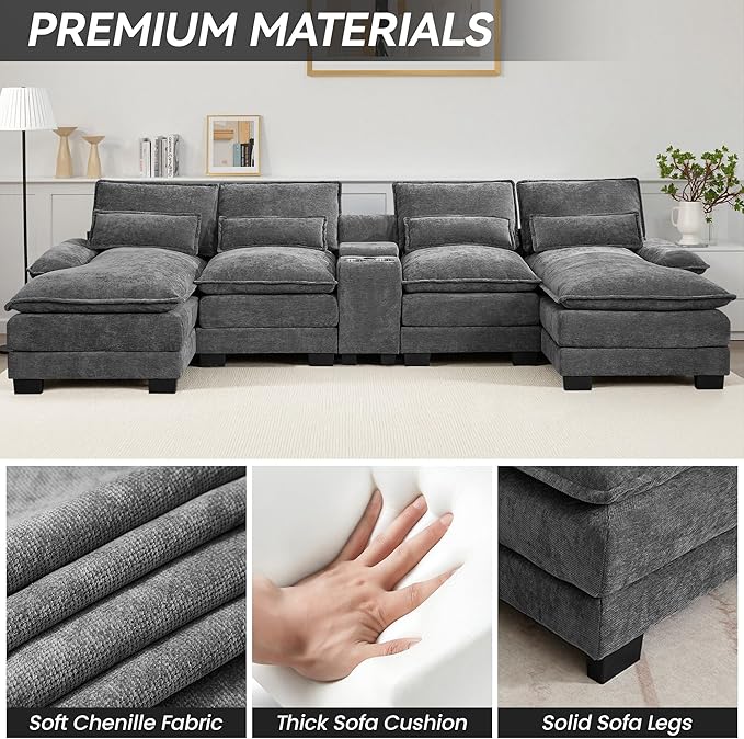 125" U Shaped Cloud Modular Sectional Couch for Living Room, Small Comfy Chenille Sofa with Double Chaise Lounge, Storage Central Console, Cup Holders, USB Port,Grey