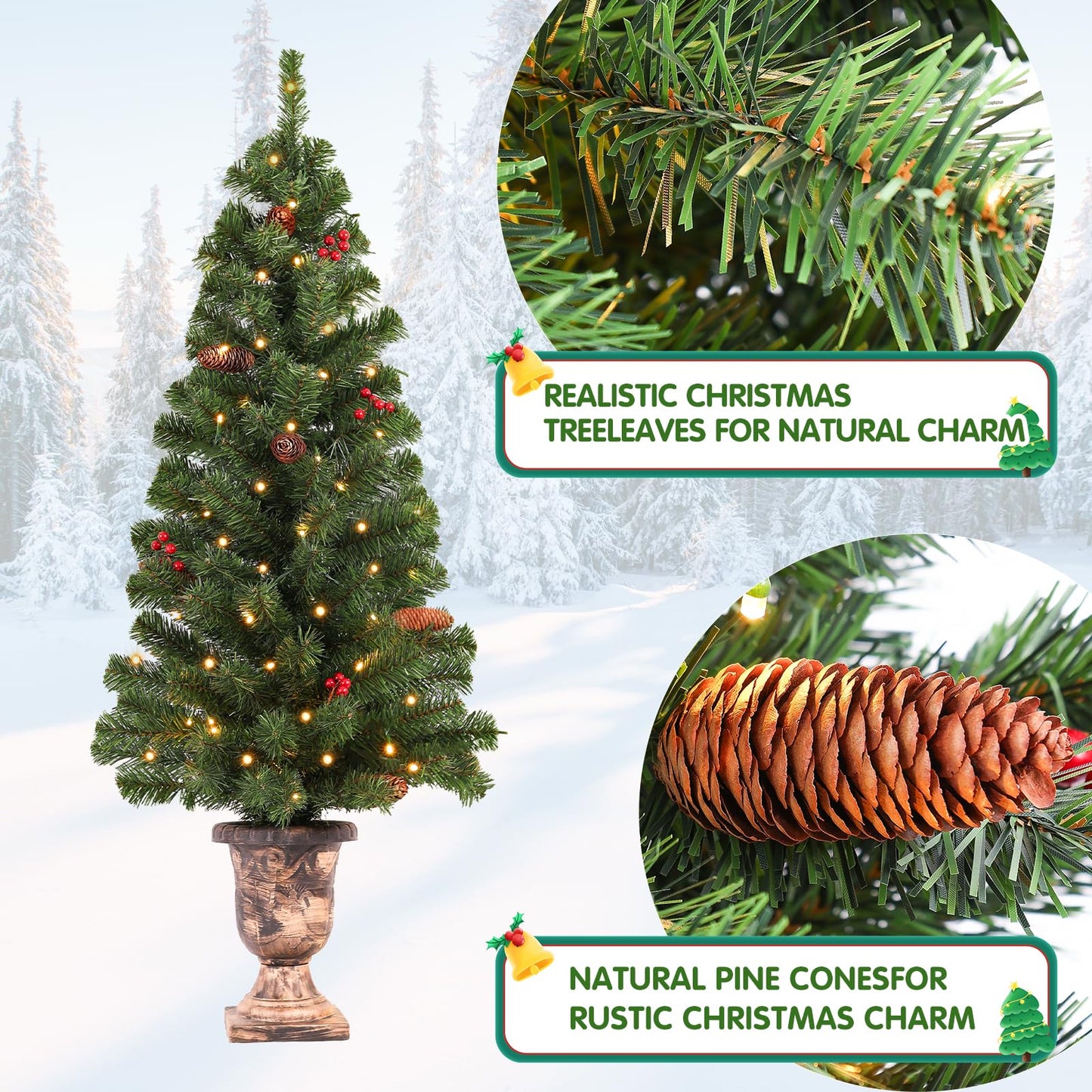 Santanelo 4FT Pre-lit Artificial Potted Christmas Tree with 50 LED Lights，Small Fake Spruce Tree,Xma Pine Cones Tree Decorated with 140 Branch Tips, Pine Cones&Red Berries, Plug in