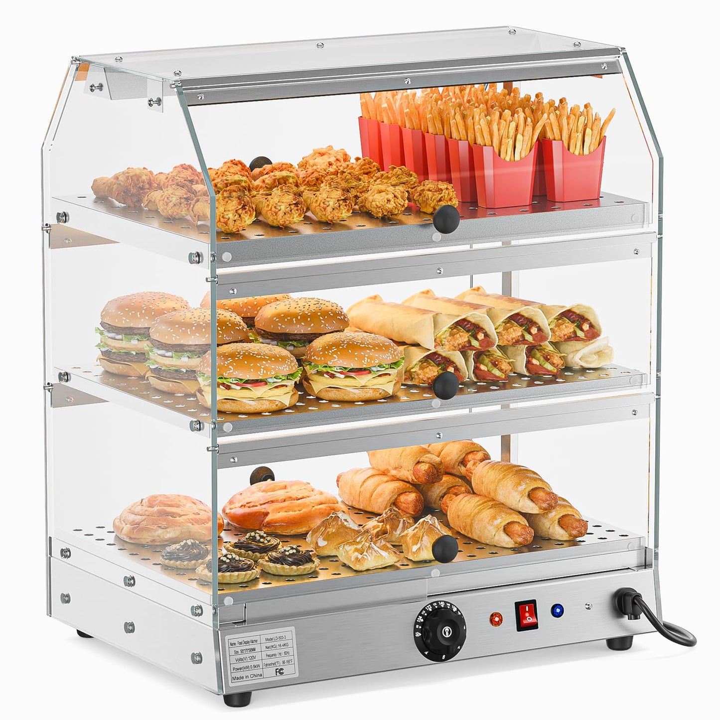 ROVSUN 3-Tier Food Warmer Pizza Warmer Countertop, Food Warmer Display Pretzel Warmer with LED Lighting Front and Rear Doors, Electric Catering Hot Box Acrylic for Buffet Restaurant Cafe