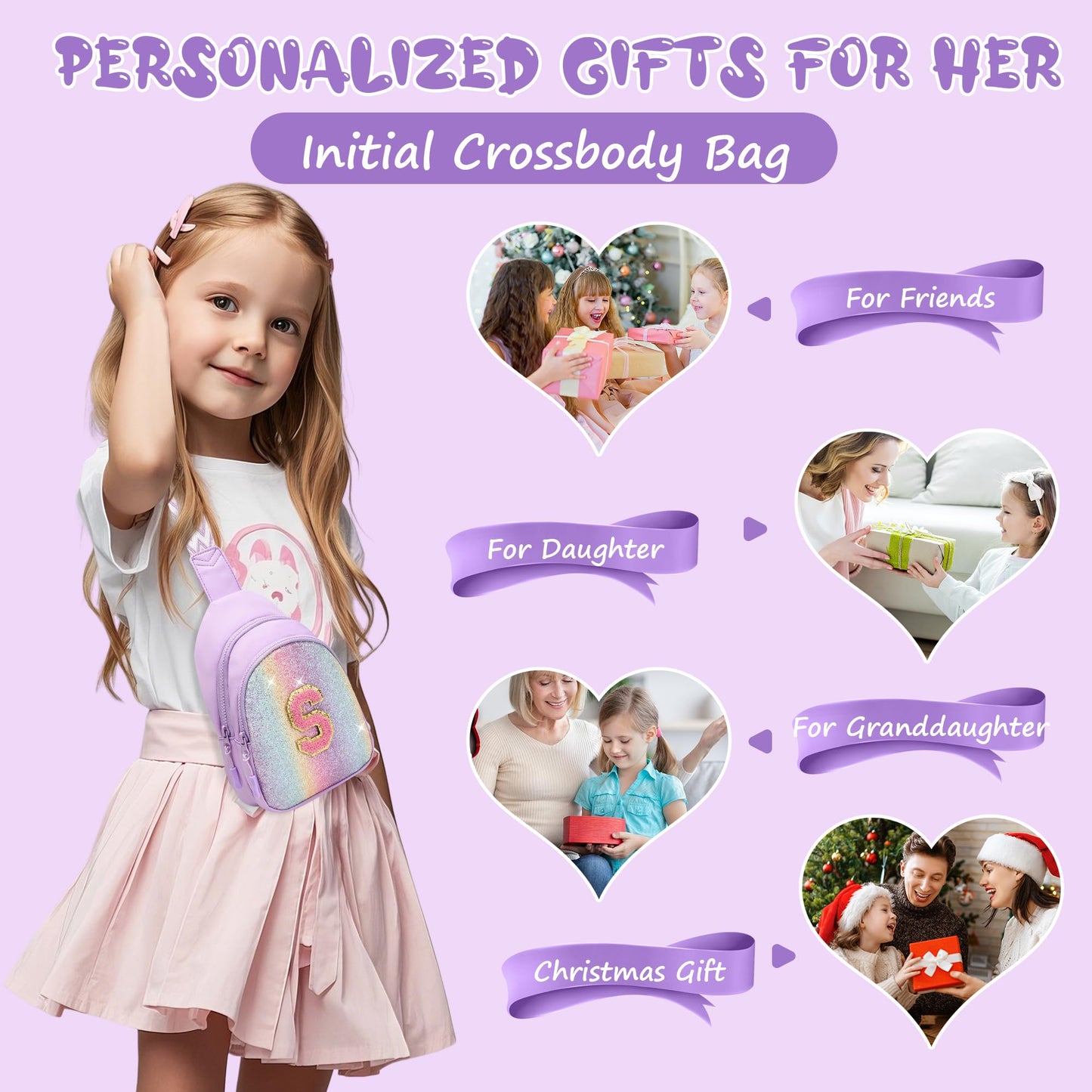 I IHAYNER Small Initial Sling Bag for Girls Fashion Waist Pack for Women Cute Crossbody Fanny Pack Personalized Girl Gifts (Purple-L）