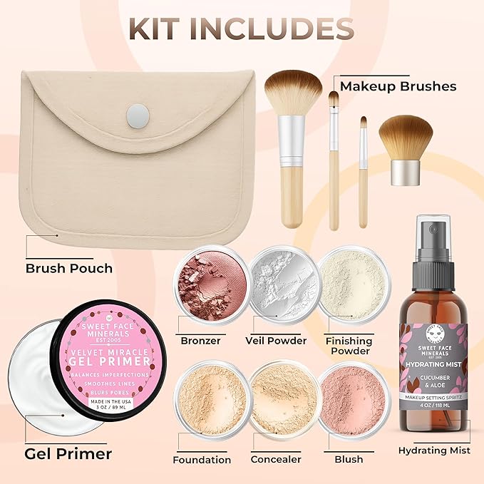 FLAWLESS COMPLEXION KIT (FAIR 2) Full Size Mineral Makeup Set Matte Foundation Bare Face Sheer Powder Cover