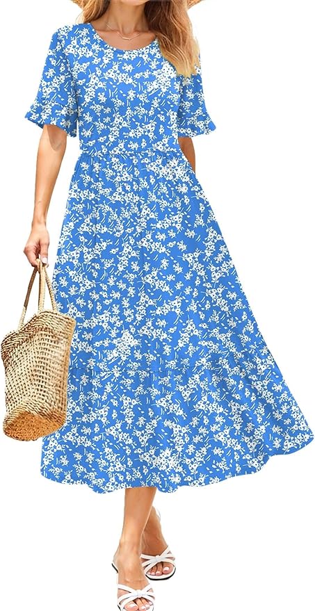 Zeagoo Womens Summer Dresses 2026 Casual Midi Dress Flowy Sundress Ruffle Short Sleeve Tiered Dresses A Line Boho Dress