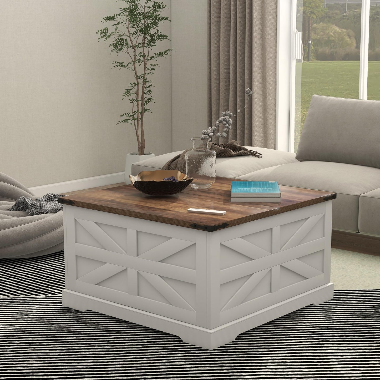 TaoHFE Lift Top Coffee Table with Storage,Rustic White Farmhouse Coffee Table, Square Storage Compartment and Adjustable Shelves Coffee Tables for Living Room (Oak White)
