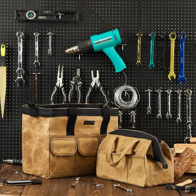 Tool Bag, 15-inch Heavy Duty Wide Mouth Water-Resistant Tool Bag, Tool Tote with Handle for Tools, Wrenches, Screwdrivers (15 X 7.8 X 11.5 inch) | Khaki