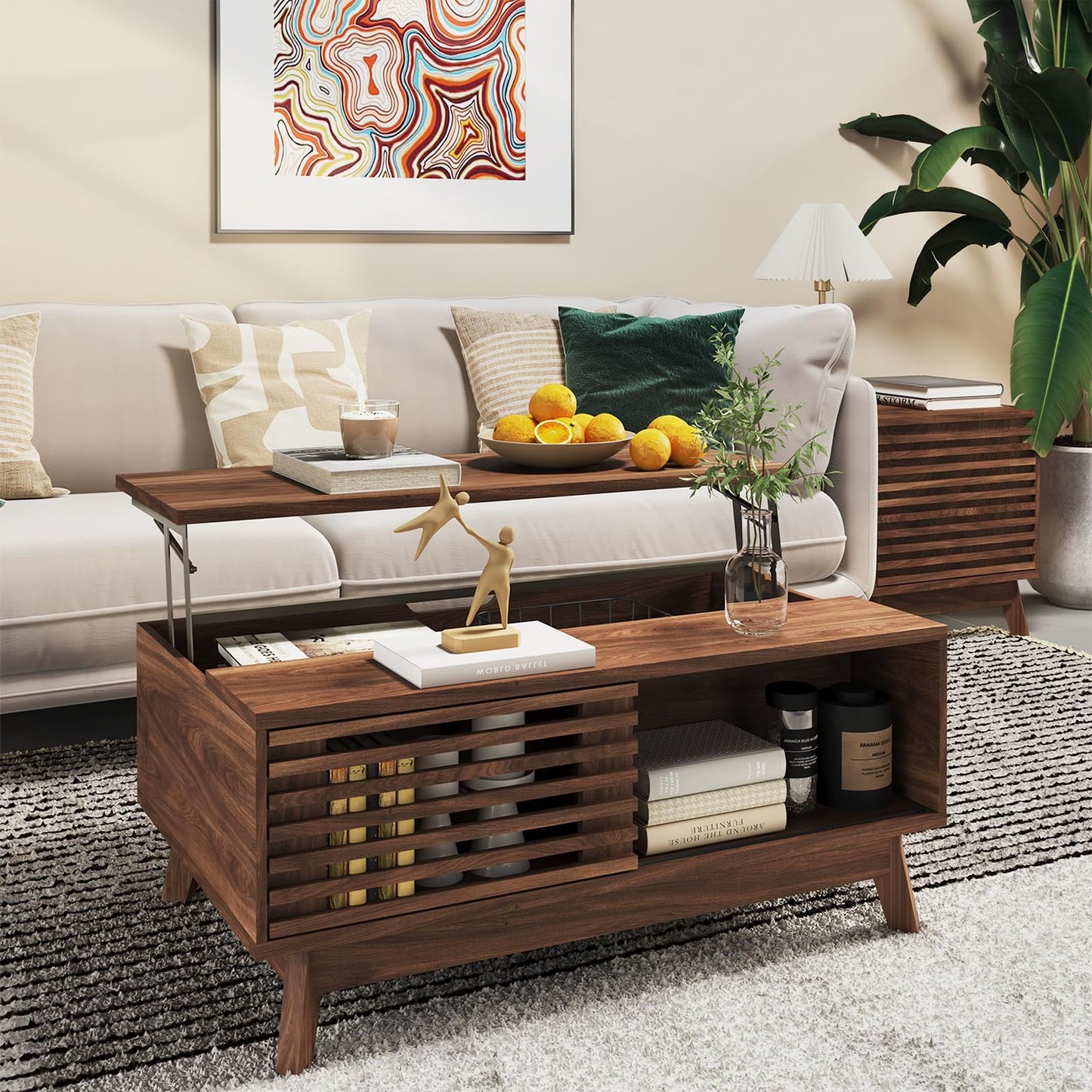 HAIOOU Lift Top Coffee Table, Mid Century Modern Coffee Table with Storage for Living Room, Walnut Coffee Tables with Sliding Fence Door, 35.4'' Rectangular Fluted Center Table (Brown)