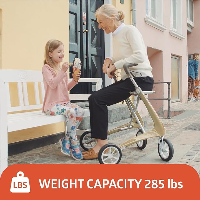 byACRE Ultralight Rollator Walker with Seat, Lightweight Folding Mobility Aid for Seniors, Compact Upright Walking Support,16.5" x 24" Seat (W x H), Comfort Handles and Storage, Gold