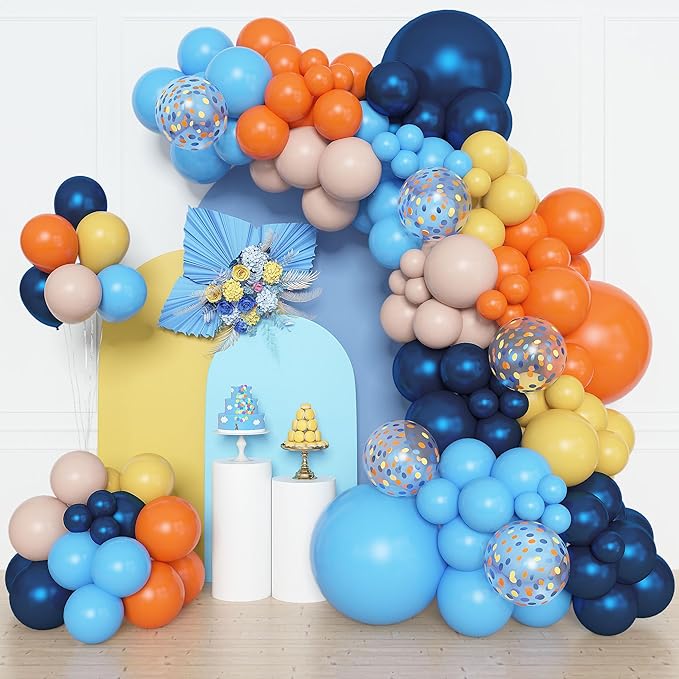 Amandir 153pcs Blue Orange Balloon Garland Arch Kit, Different Sizes 18 12 10 5 inch Navy Blue Yellow Latex Pearlescent Co...