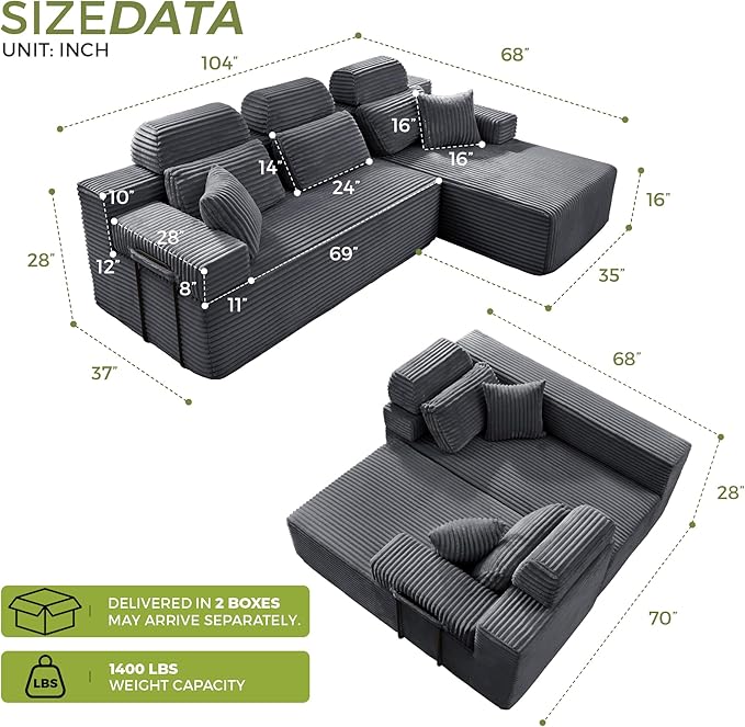 104" L-Shaped Cloud Modular Sectional Sofa with Chaise & Headrest, Boneless Deep Seat Plush Corduroy Couches for Large Living Room, No Assembly Required (Dark Gray, 104" L-shapred Chaise)