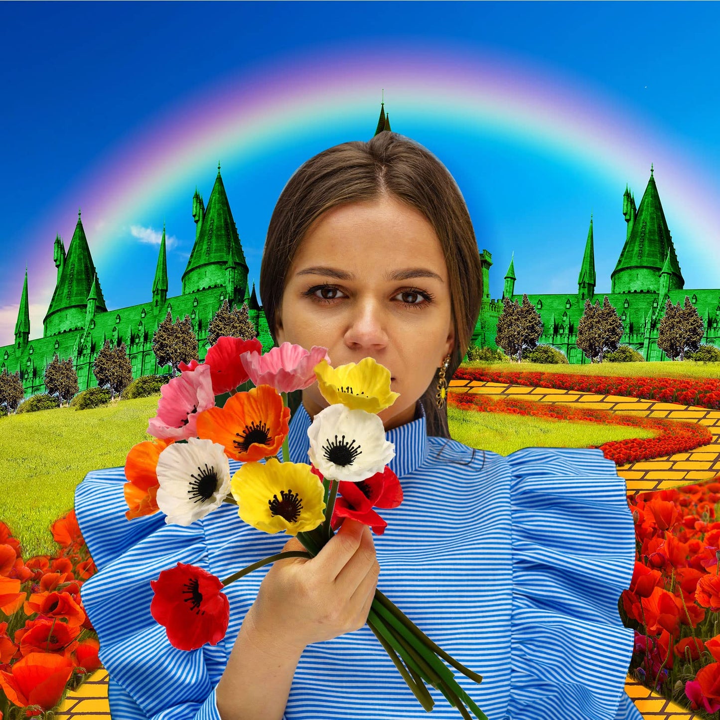Outus 16 Pcs Yellow Brick Runner Yellow Brick Backdrop Castle Backdrop Floral Rainbow Photography Background Artificial Red Oran