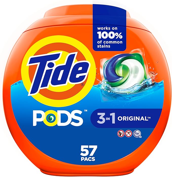 Tide PODS laundry detergent pacs, 3-in-1 Stain Remover, Odor Fighter, Color Protector, 57 Count, HE compatible, Original Scent