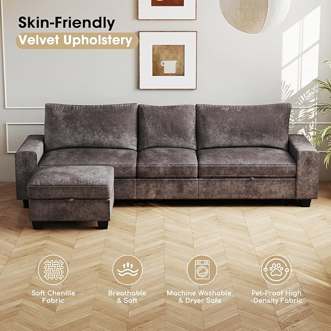 Couchus 112“ Convertible Storage Sectional Sofa,L Shaped Couch with Storage Ottoman,Multi-Functional Reversible Sofa with Huge Storage Space, Breathable Fabric(Dark Grey)