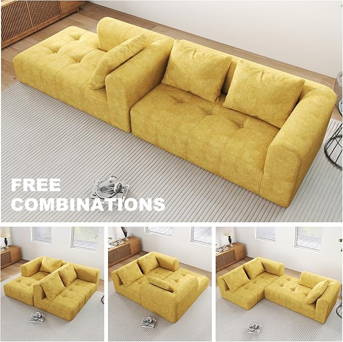 105" Modular Sectional Sofa, Boneless couch for Living Room, Cloud Sectional Couch with Deep Seat, L-Shape Sofa, Upholstered Couches for Living Room Bedroom, No Assembly Required, Yellow (Slub Fabric)