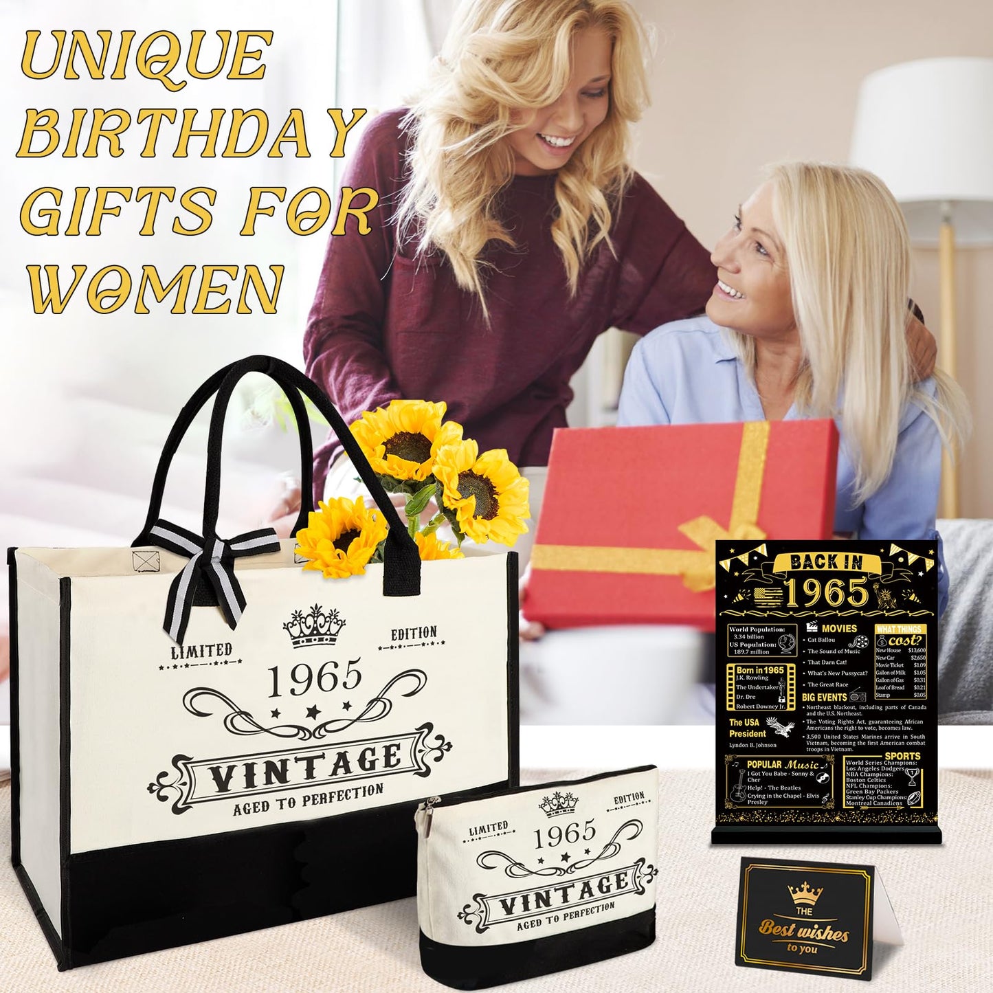 60th Birthday Gifts for Women Canvas Tote Bag Travel Gear, Unique 60 Years Old Gifts for Wife Sister Mom Aunt Friends Her, Vintage 1965 Handbag & Cosmetic Bag & Back in 1965 Poster