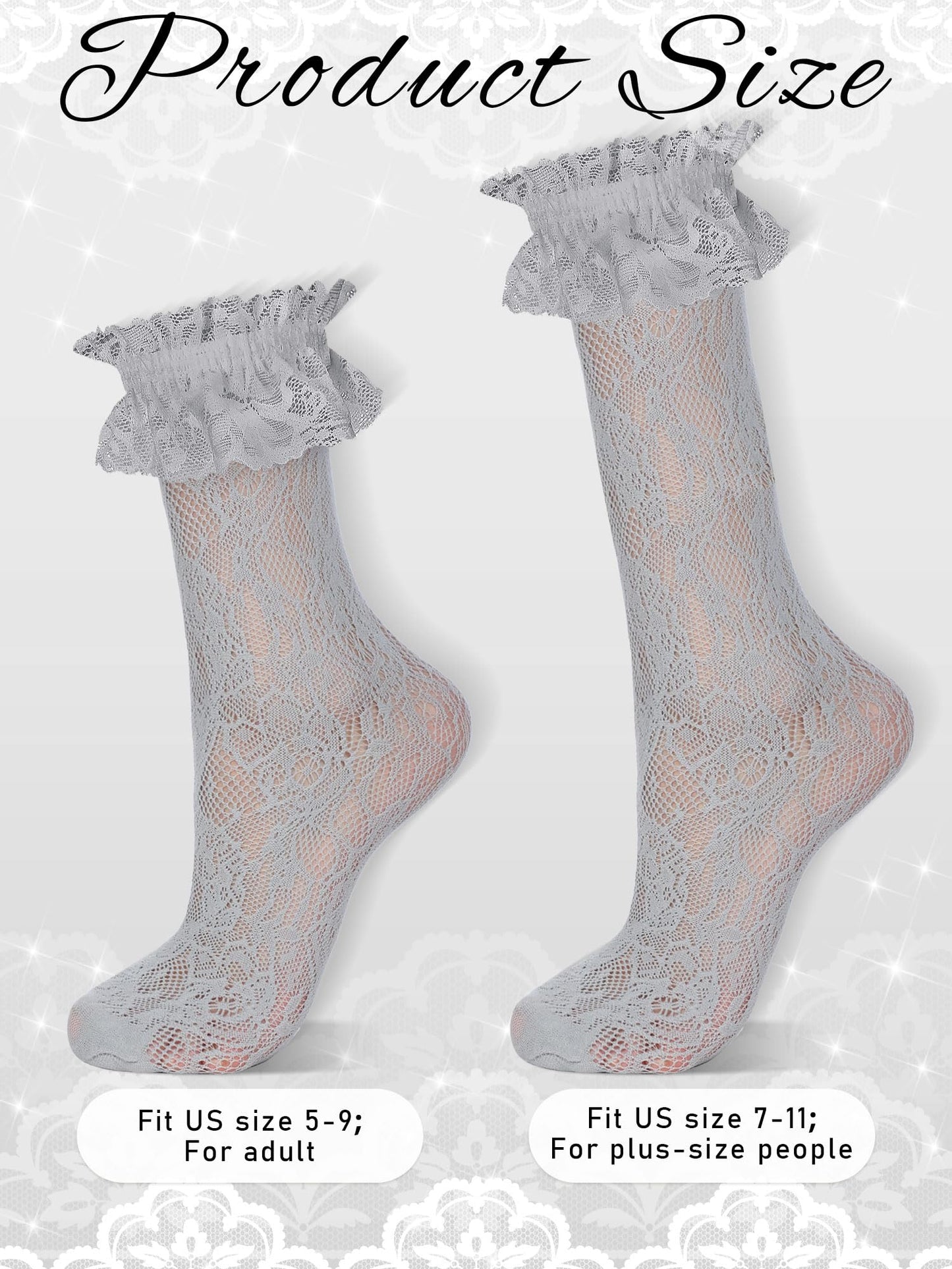 Fourluoo 8 Pairs Women Lace Socks Ruffle Frilly Ankle Women Cute Lolita Lace Trim Socks(8 Colors,5-9)