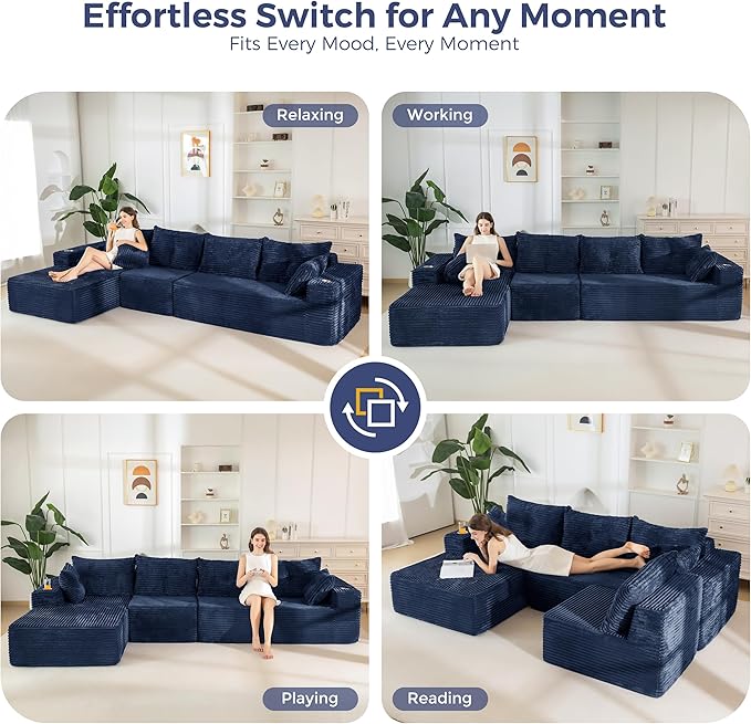 MAXYOYO 132" Oversize Modular Sectional Couch with L-Shape Chaise, Modern Boneless Couch for Living Room, Sofa in A Box, Oversized Sofa Sleeper with Deep Seat, No Assembly Required, Navy