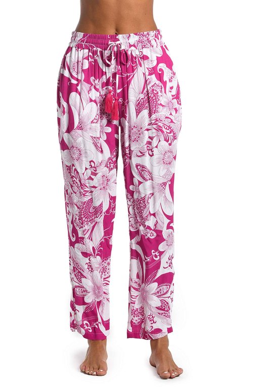 Sunshine 79 Women's Standard Trouser Pant Swimsuit Cover Up, Fuchsia//Boho Blooms, Large