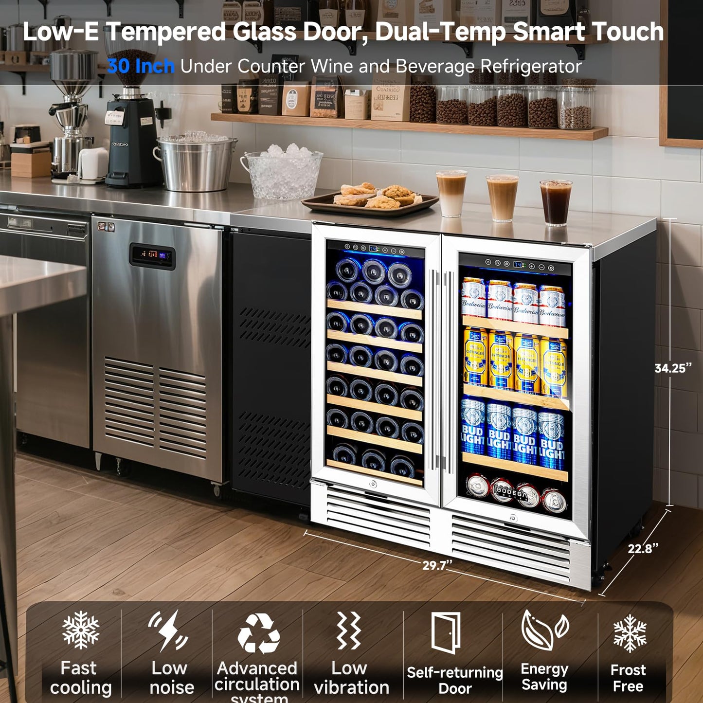 BODEGA 30 Inch Back Bar Cooler with 2 Glass Doors, Commercial Wine & Beverage Refrigerator, Holds 31 Bottles & 92 Cans Dual Zone Drink Fridge, for Beer,Soda Drinks,Wine
