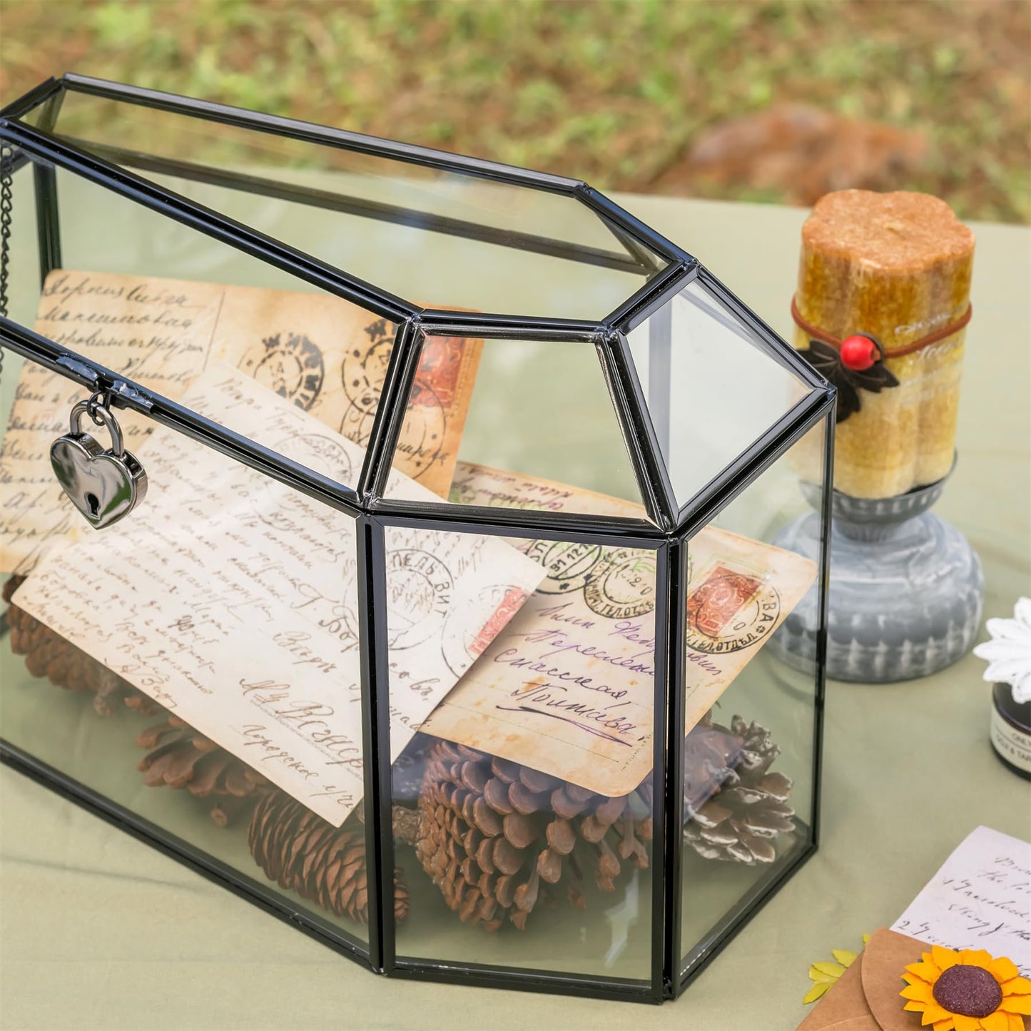 NCYP Gothic Glass Box with Swing Lid and Lock, Geometric Keepsake Card Display Organizer for Wedding Party - Halloween Decoration, Black Coffin-Shaped Terrarium, 10.4" x 5.7" x 7.5" (Glass Box Only)
