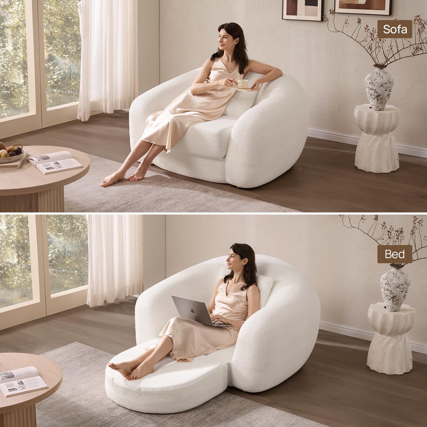 SICOTAS Sofa Couch Bed for Living Room Futon Cloud Boneless Sleeper Chair Pull Out Convertible Floor Couch in a Box with Deep Seet Single Sofa Foam Lounger No Assembly for Bedroom Apartment, White