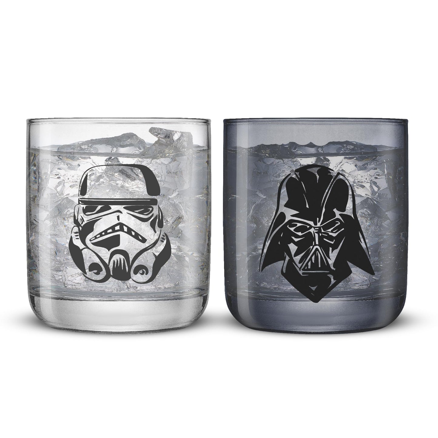 JoyJolt Star Wars Dark Side Monochrome Short Drinking Glasses, 10oz Glass Tumbler Cup Set ft Darth Vader and Stormtrooper, Star Wars Kitchen Glasses Set of 2, Star Wars Gifts for Men Women and Adults