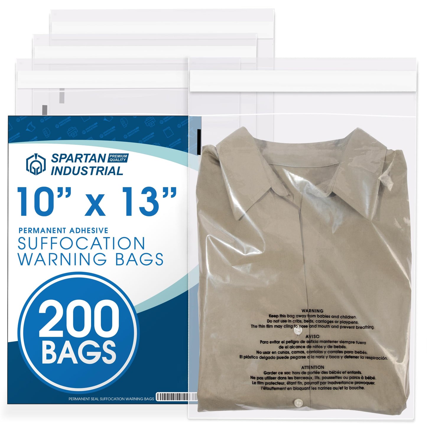 Spartan Industrial - 10” X 13” (200 Count) Self Seal Clear Poly Bags with Suffocation Warning for Packaging, T Shirts - Permanent Adhesive