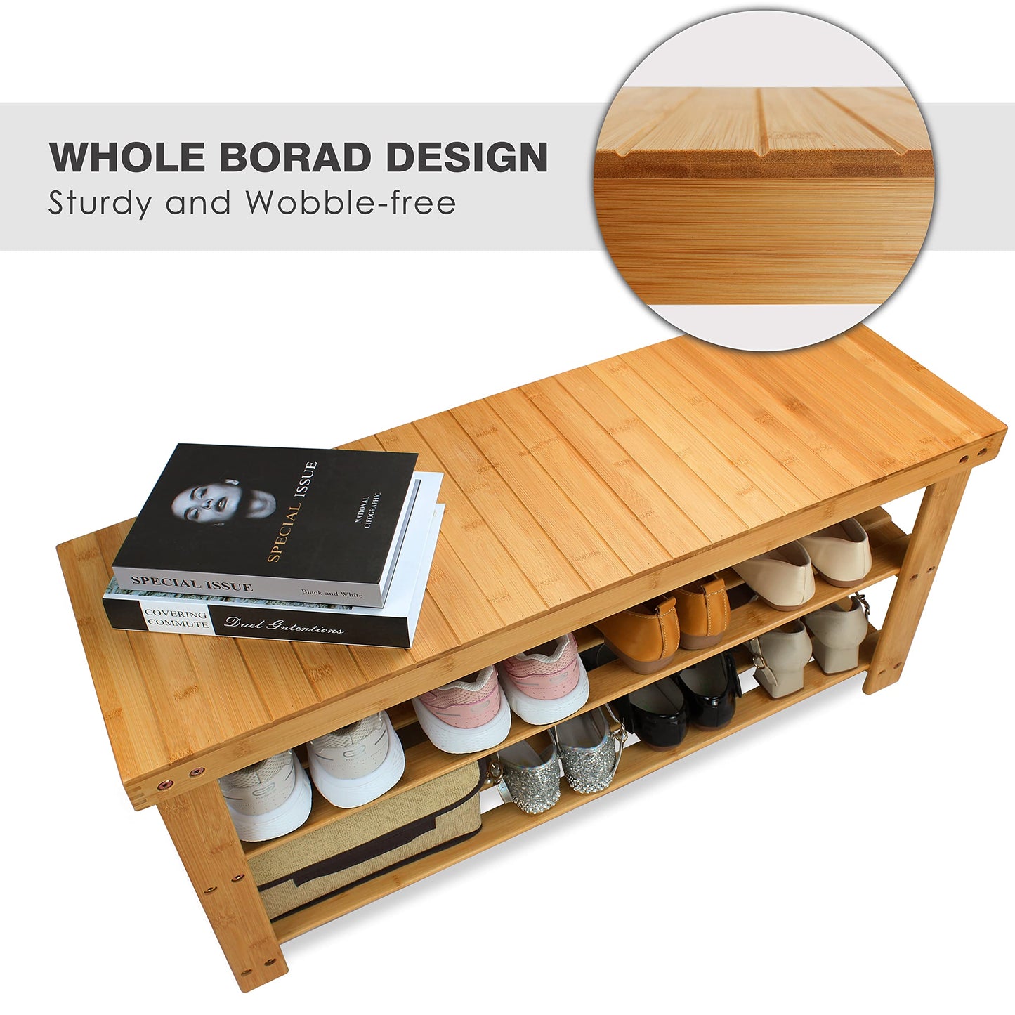 SMIBUY Bamboo Shoe Rack Bench, 3-Tier Shoe Organizer Storage Shelf for Entryway Hallway Bathroom Living Room (Natural)