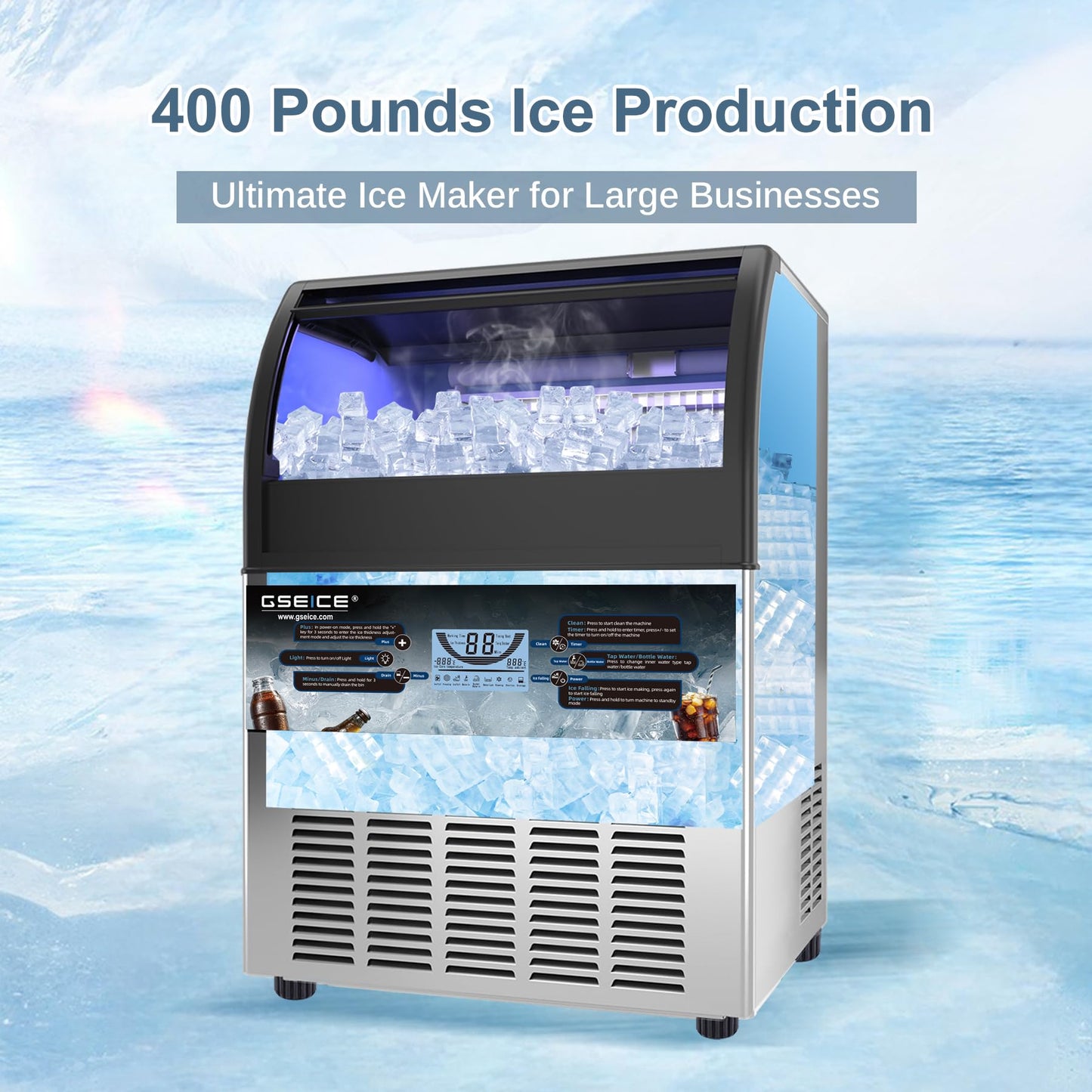 ETL Safety & Sanitation Certification Commercial Ice Maker with Drain Pump - 400lbs/24H, Freestanding Fast Ice Maker Machine, Self-Cleaning with LED Display, for Bar Hotel Restaurant
