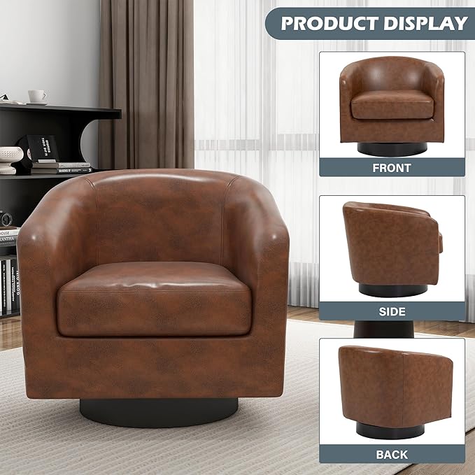 UIXE 360° Swivel Barrel Accent Chair Armchair, PU Leather Round Club Arm Chair for Lving Room, Modern Upholstered Small Bedroom Single Sofa Seat - Coffee Brown, Set of 1