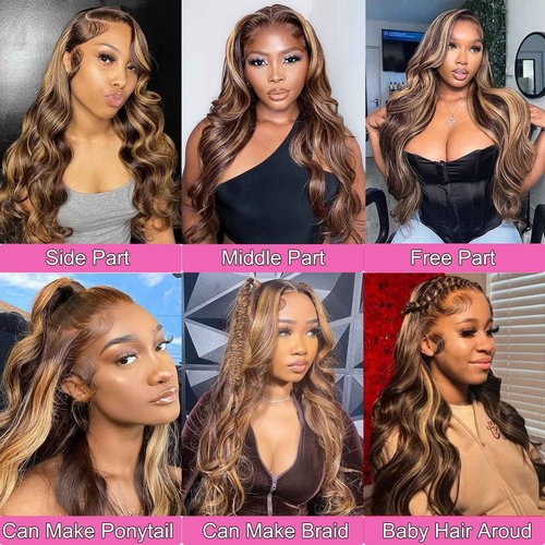 SKYDO Highlight Honey Blonde HD Lace Front Wig 180 Density 4/27 Ombre Body Wave Lace Front Wigs Human Hair Pre Plucked with Baby Hair 13x4 Lace Front Wigs for Women 30inch