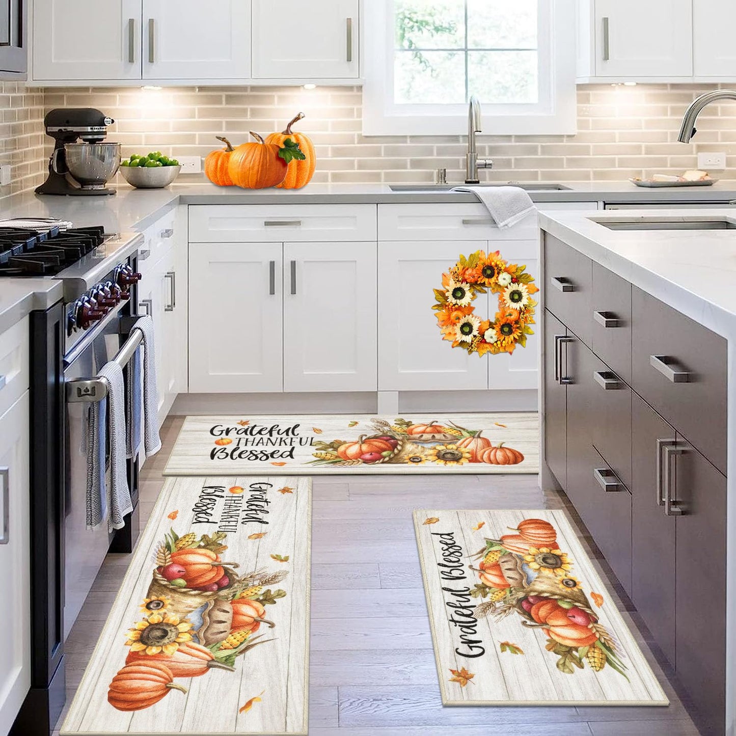 HEBE Fall Kitchen Rugs Sets of 3, Non Slip Pumpkin Kitchen Rugs and Mats, Washable Kitchen Mats for Floor, Autumn Kitchen Runner Floor Carpet for Thanksgiving Holiday Decor