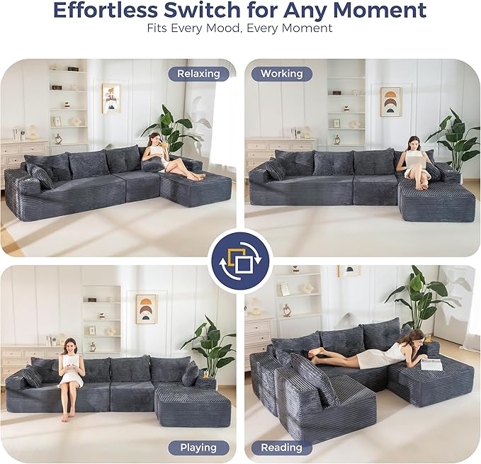 MAXYOYO 132" Oversize Modular Sectional Couch with L-Shape Chaise, Modern Boneless Couch for Living Room, Sofa in A Box, Oversized Sofa Sleeper with Deep Seat, No Assembly Required, Dark Grey