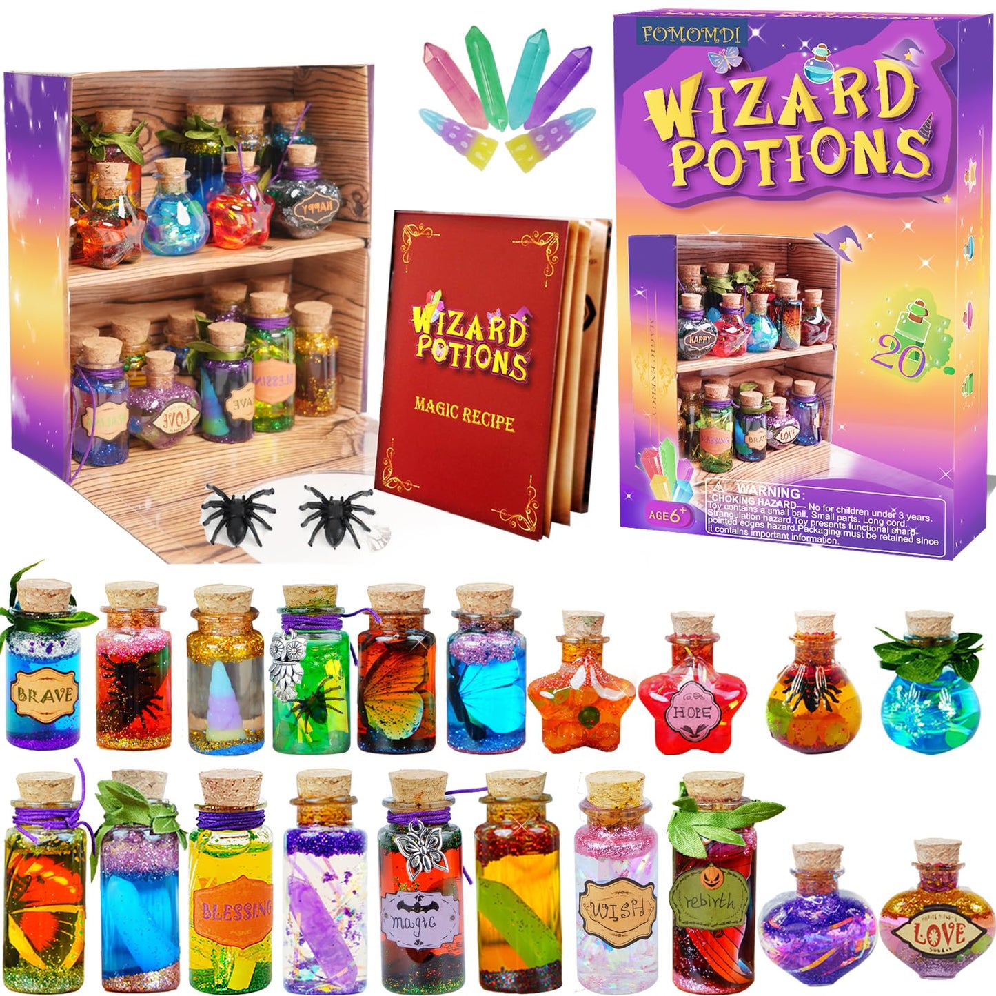 FOMOMDI DIY Magic Crystal Potions Making Kit, Magic Mix 20 Bottles Fairy Wizard Potions, Halloween Christmas Birthday Gift for Girls Kids Ages 6-12