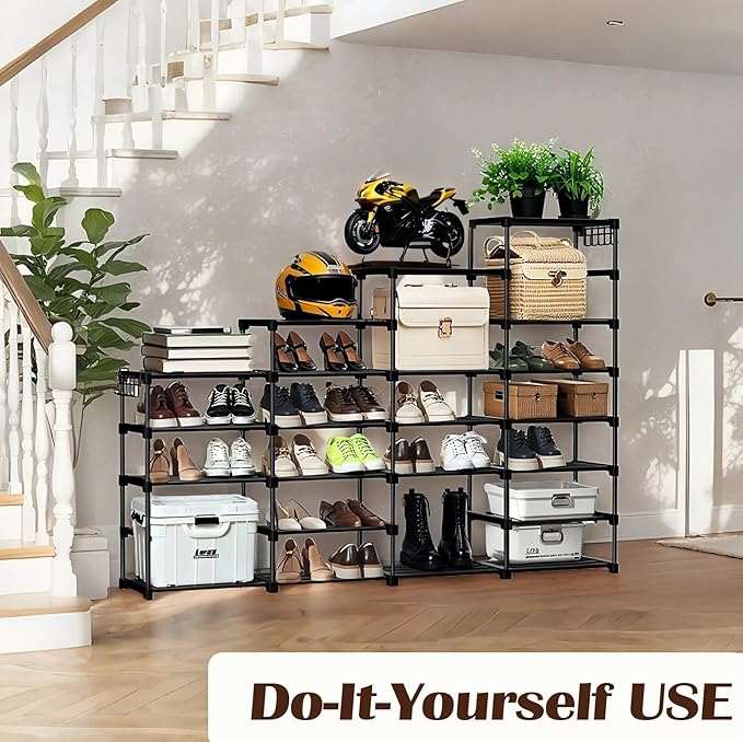 KKU Shoe Rack Organizer, Shoe Organizer Storage Cabinet with 2 Multi-Purpose Hooks Hang up Cloth & Umbrella 9-Tier Portable Closet for Front Door Entrance (Capacity 50-55 Pairs)