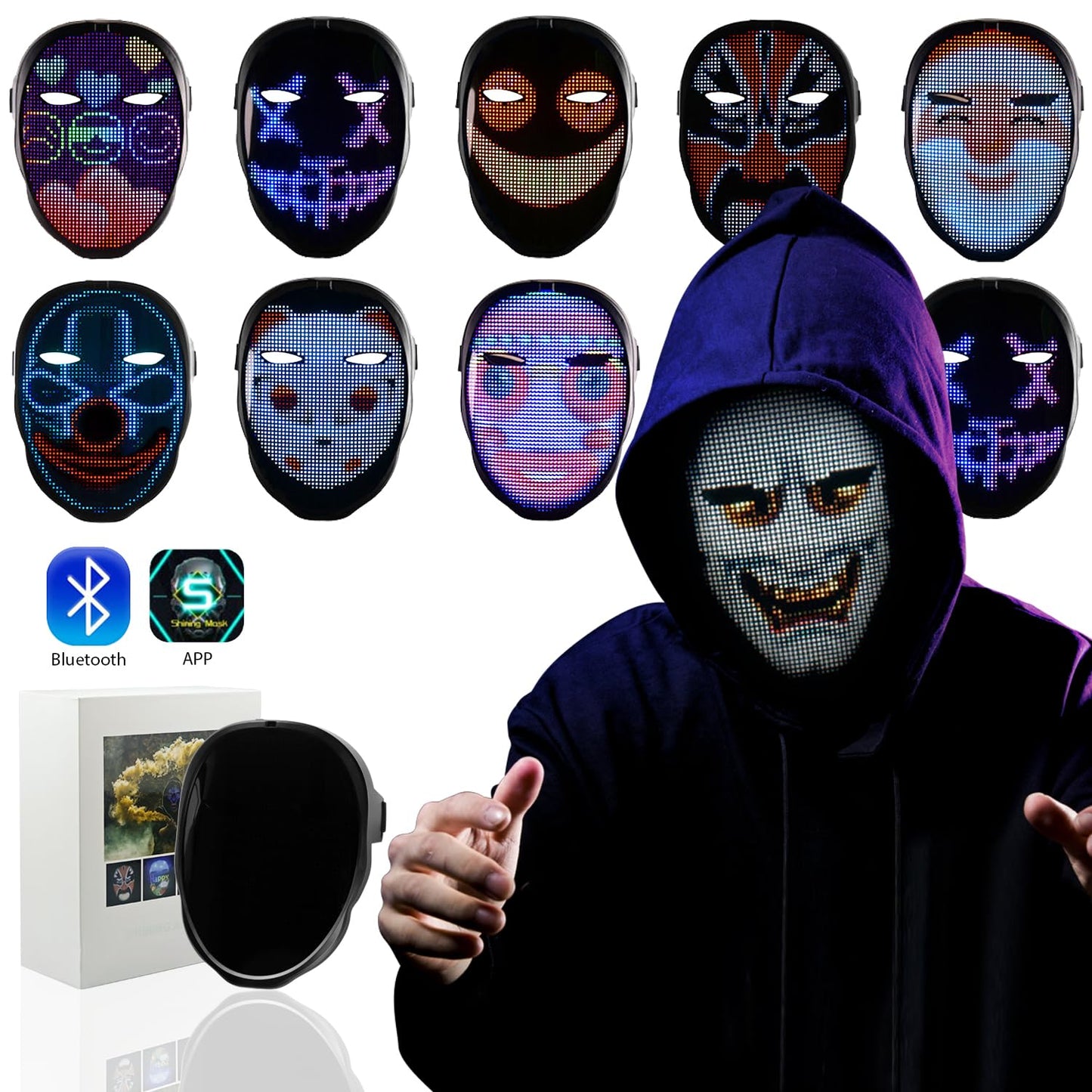 Vanleonet Led Mask with Gesture Sensing,Bluetooth Programmable App Controlled, Customizable Shining Mask, unisex-adult,Halloween Mask, Costume Cosplay Party