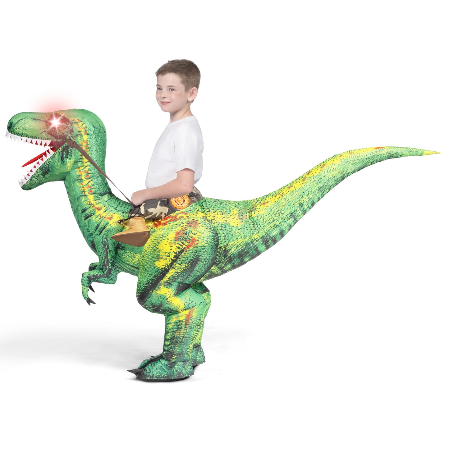 Spooktacular Creations Kids Halloween Inflatable Costume, LED Light Eyes Dinosaur, Ride on Blow Up Dragon Costume, Digital Printing T-Rex for Halloween Dress Up Party, M