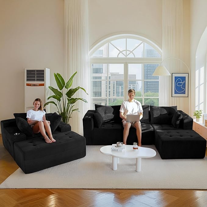 MAXYOYO Modular Sectional Sofa Couch and Chaise Lounge, L Shaped Modern Cloud Couch with Ottoman, Sofa in A Box, Tufted Boneless Sleeper Chair with Deep Seating, No Assembly Required, Black