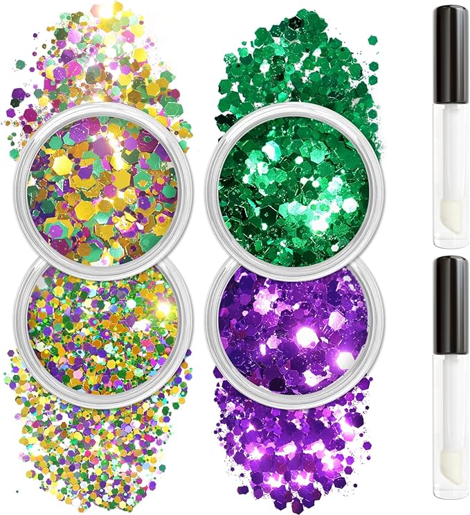 Allstarry Mardi Gras Face Glitter, 4 Colors Chunky Body Glitters Purple Green Gold Face Glitter Eyeshadow Makeup Hair and ...