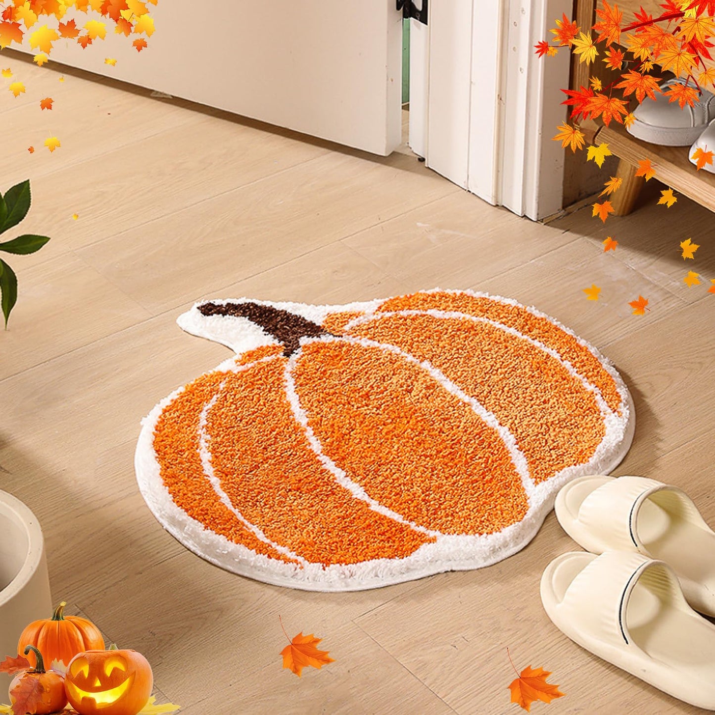 Cute Bath Mat, Pumpkin Bath Mat Halloween Bathroom Decor Mat, Extra Soft Fluffy Absorbent Non-slip Bathtub Mat, Machine Washable Funny Pumpkin Shape Bath Rug for Shower Bedroom Door 24x24IN (Orange)