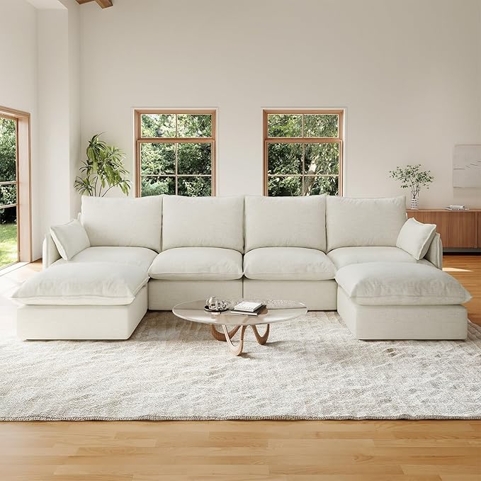 Forest aesthetics 124" U Shape Cloud Modular Sectional,Waterproof High Backrest 6 Seater Sectional Sofas,Down Filled Modular Couch with Removable Washable Cover for Living Room,Cream White