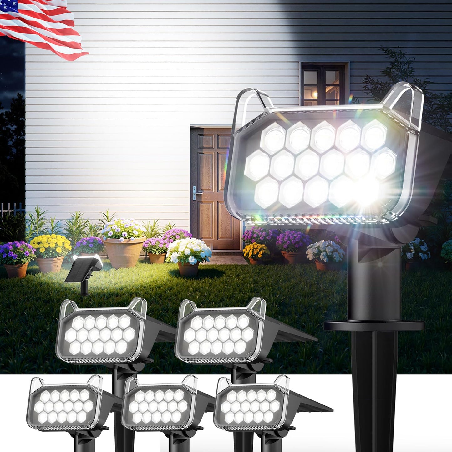 WdtPro Solar Lights Outdoor Waterproof 6 Pack, 1000LM Bright Solar Spot Lights Outdoor with Extra-Large LEDs, 3 Modes Landscape Spotlights, Solar Powered Light for Yard Flag Garden, Cool White