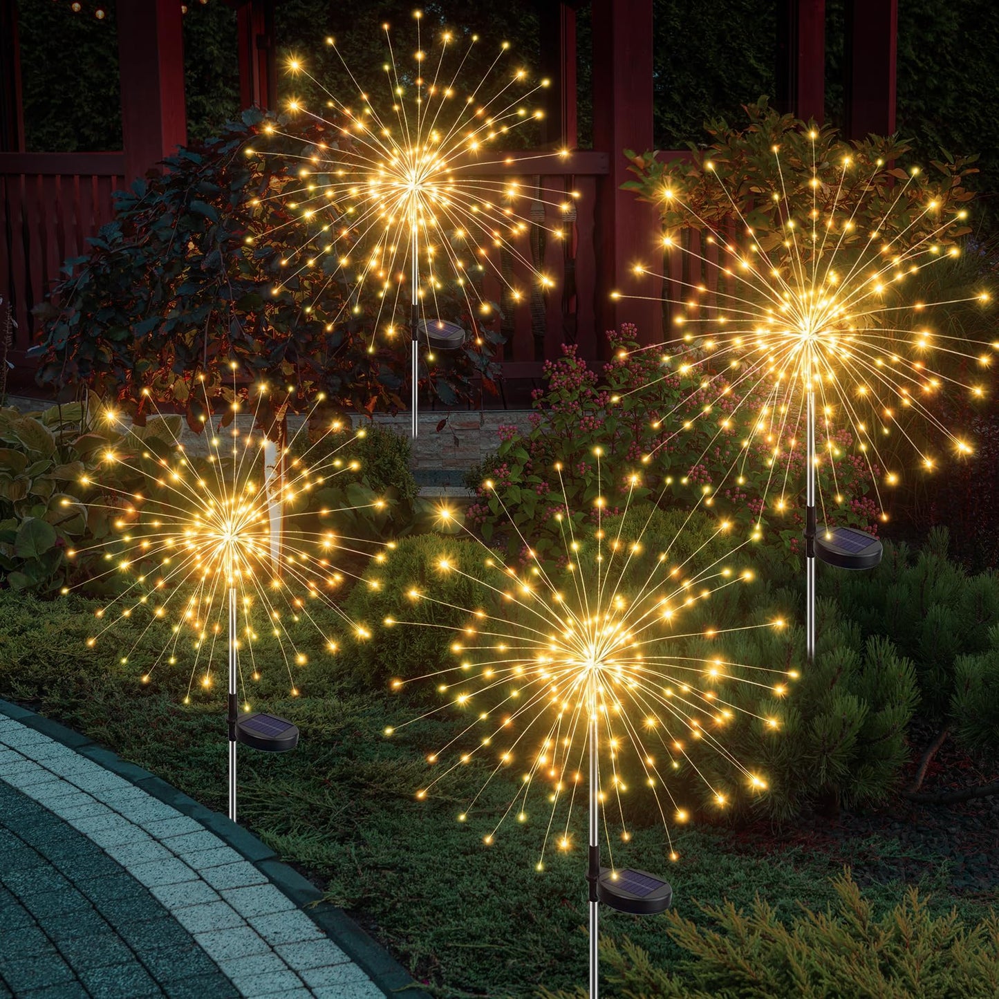 btfarm 4 Pack 120 LED Solar Garden Lights Outdoor, 8 Modes Firework Lights Solar Powered, Waterproof Twinkle Fairy Light Outside for Yard Patio Pathway Pool Christmas Party Decorative, Warm White