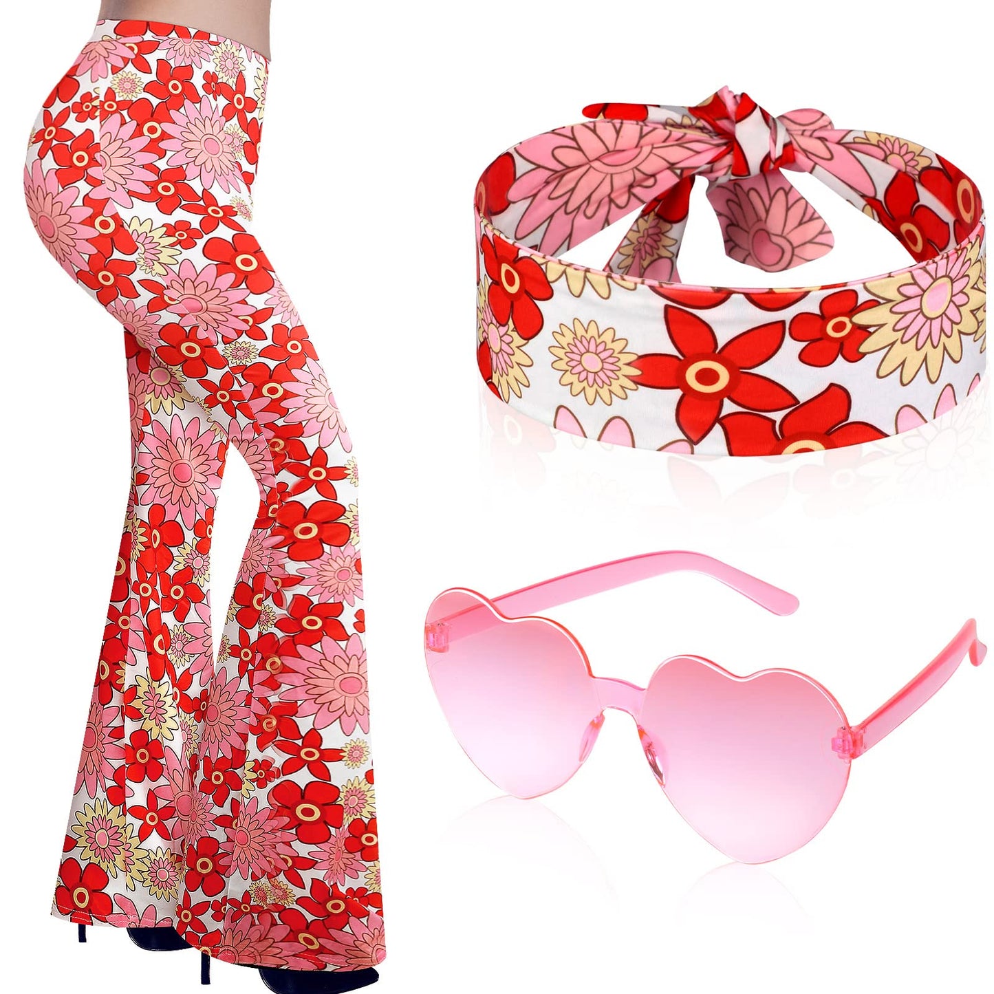 Tisancy 3 Pcs 60s 70s Outfit for Women Hippie Costume Set Disco Flared Pants Groovy Outfit Party Accessories(M Size, Flower)