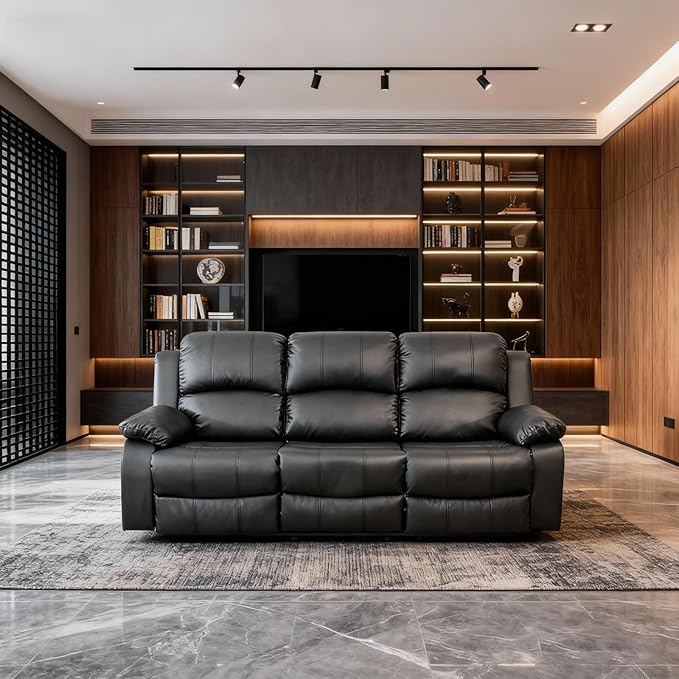 Saxum Tegmen Living Room Furniture Sets, Sectional Leather Couch Set, Adjustable Recliner Sofa with Double Cup Holders and Coffee Table for Living Room Furniture(Sofa, Black Leather)