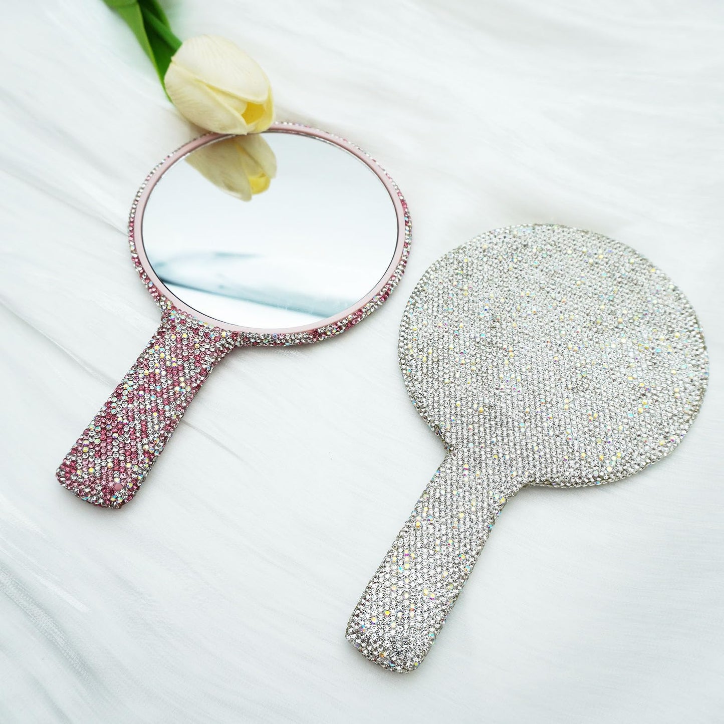 Frinnovan Large Rhinestone Handheld Mirror Bling Glitter Cosmetic Dazzling Portable Hand Mirrors with Handle for Women Wedding S