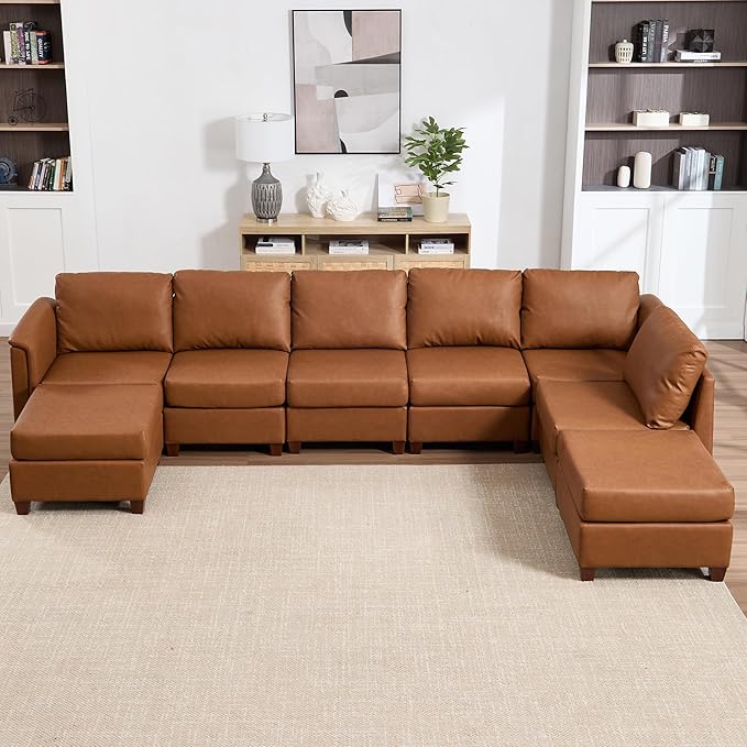 Modular Sectional Sofa,Modern U Shaped Sectional Couches for Living Room,8 Seat PU Leather Deep Seat Sectional Cloud Couch with Storage,Brown