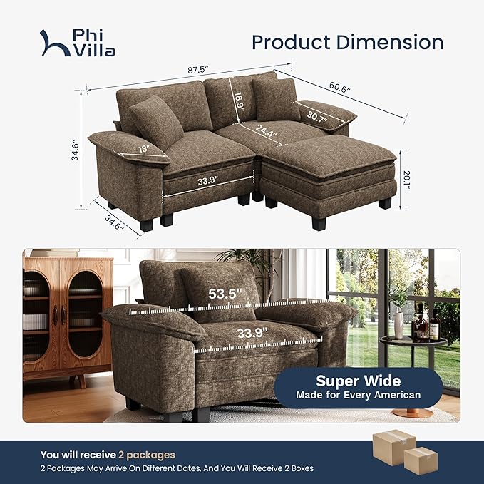 PHI VILLA Cloud Modular Couches Sets, 87.5" Sectional Loveseat Sofa with 1 Movable Ottoman, 3-Seater Comfy Couches for Living Room Apartment, Chenille Fabric, Taupe