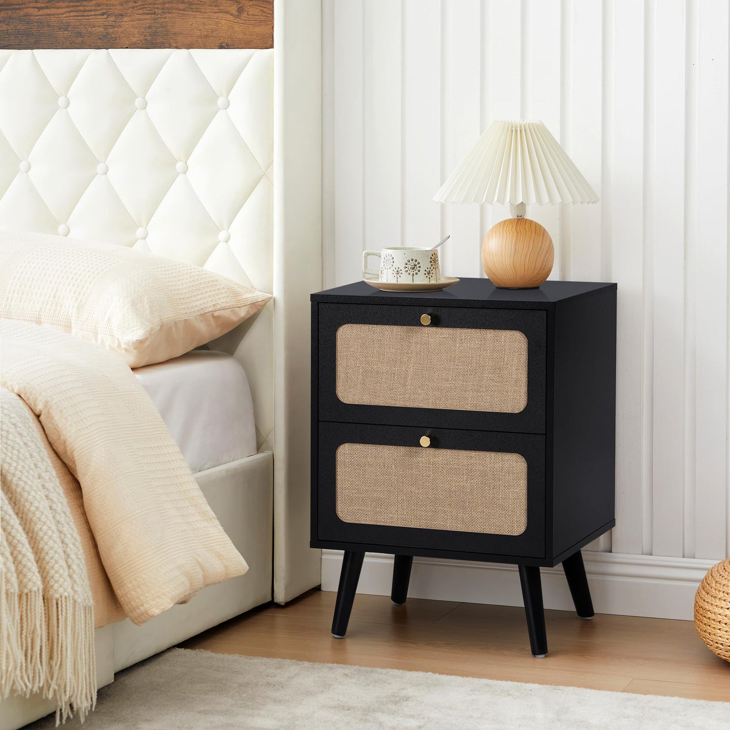 RUSTYER Mid Century Night Stand Set of 2, Modern Nightstand with 2 Drawers & Curved Linen Panel, Farmhouse End Table Wood Bedside Table Small Side Tables for Small Space, Bedroom (Black)