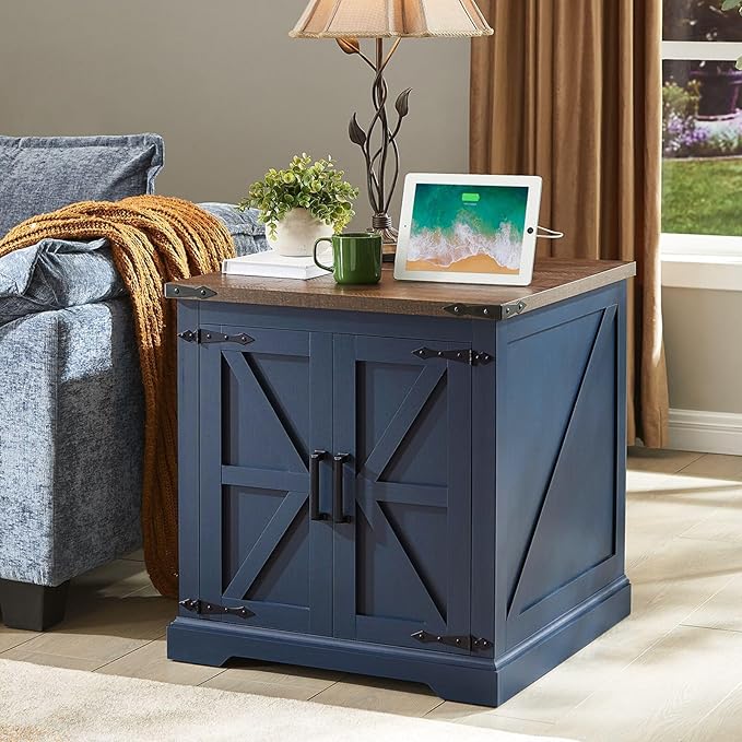 Barnyatoh Farmhouse End Table with Charging Station,24" Large Side Table with Barn Door, Rustic Wood Square Nightstand Bedside Table with Adjustable Storage Shelf for Living Room, Bedroom,Navy Blue