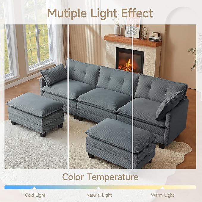 Amsleekey Modular Sectional Sofa, 111.5" U-Shaped Corduroy Comfy Sectional Couches for Living Room, 3-Seater Cloud Couches with 2 Movable Ottomans, Flexible Combination Modern Deep Seat Sofa (Grey)