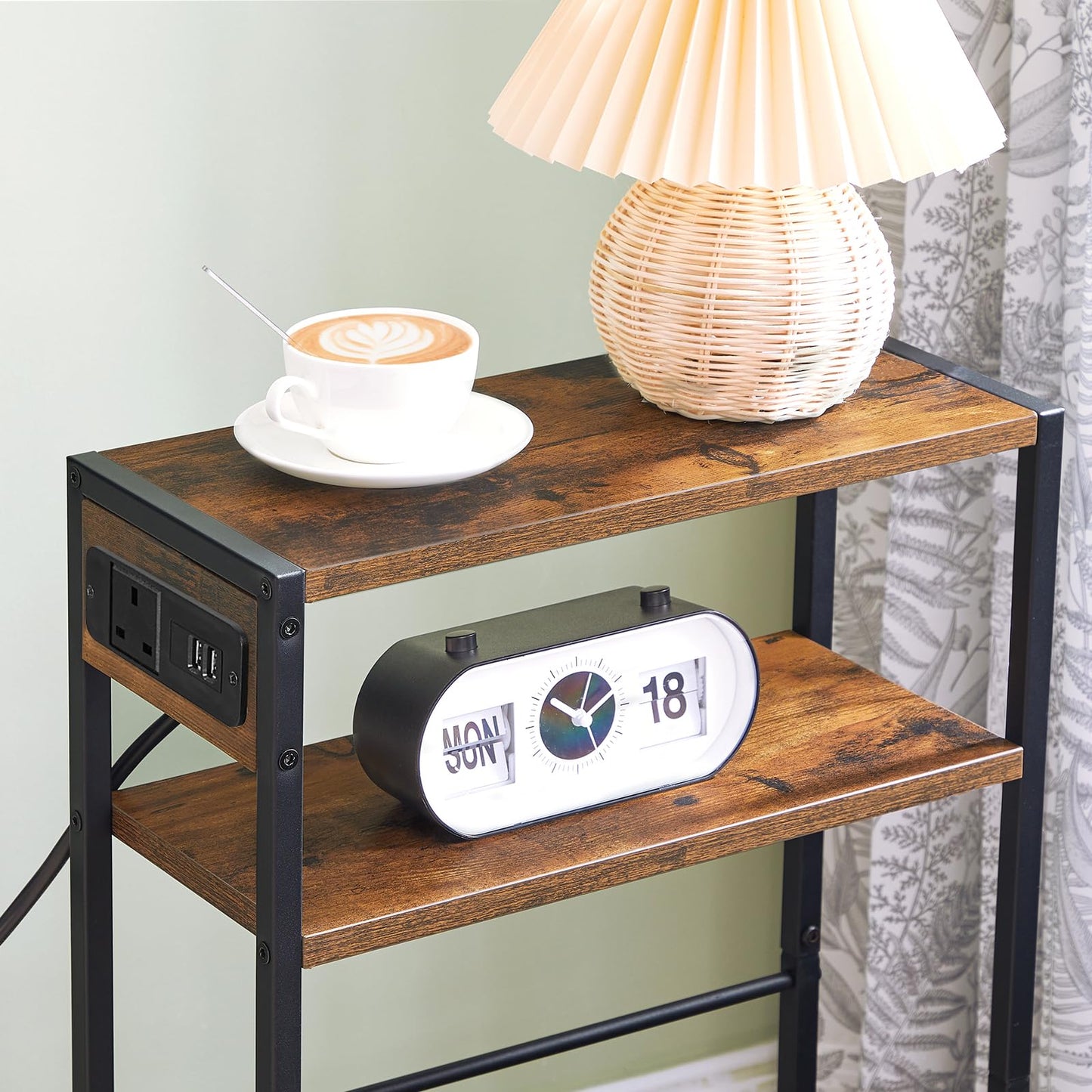 HOOBRO Slim Side Table with Charging Station, Narrow Bedside Table for Small Spaces, 3-Tier End Table with USB Ports and Power Outlet, Rustic Brown and Black EBF102KBZ01